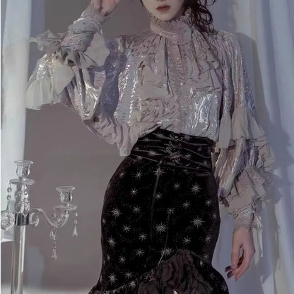 Lolita Y2k Gothic Dark Academia Clothes Loose Long Sleeve Shirt Women Y2k Stand Collar Ruffles Patchwork Blusas De Mujer