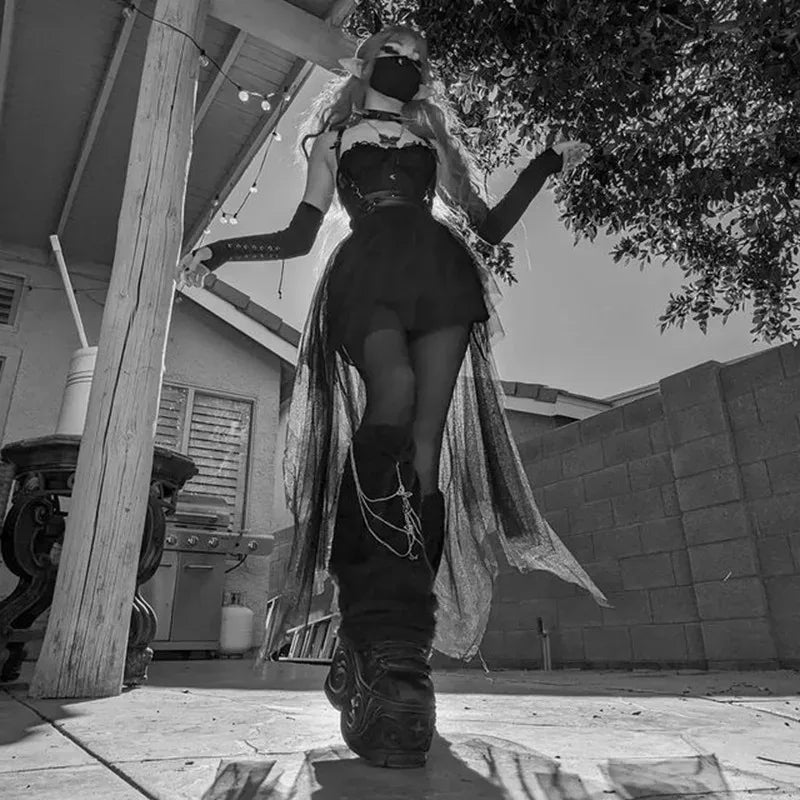 Sexy, hochtaillierter, asymmetrischer Rock aus Netzgarn für Damen – Sommer, neuer europäischer und amerikanischer Gothic-Stil, vielseitiger Freizeitrock