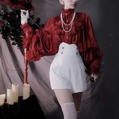 Lolita Y2k Gothic Dark Academia Clothes Loose Long Sleeve Shirt Women Y2k Stand Collar Ruffles Patchwork Blusas De Mujer