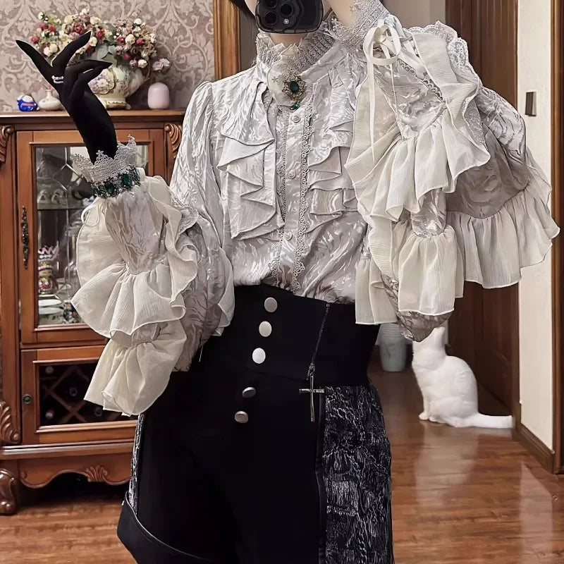 Lolita Y2k Gothic Dark Academia Clothes Loose Long Sleeve Shirt Women Y2k Stand Collar Ruffles Patchwork Blusas De Mujer