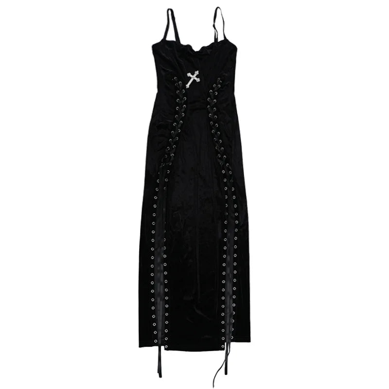 Punk-Grunge-Kleid mit hohem Beinschlitz, Trägern, 90er-Jahre-Streetwear-Stil, sexy Samtkleid mit Maisbandage, Gothic-Kleidung