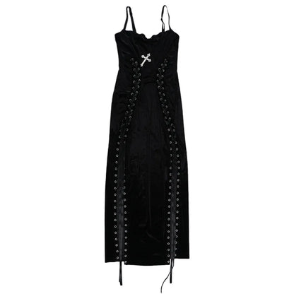 Punk-Grunge-Kleid mit hohem Beinschlitz, Trägern, 90er-Jahre-Streetwear-Stil, sexy Samtkleid mit Maisbandage, Gothic-Kleidung