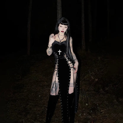 Punk-Grunge-Kleid mit hohem Beinschlitz, Trägern, 90er-Jahre-Streetwear-Stil, sexy Samtkleid mit Maisbandage, Gothic-Kleidung
