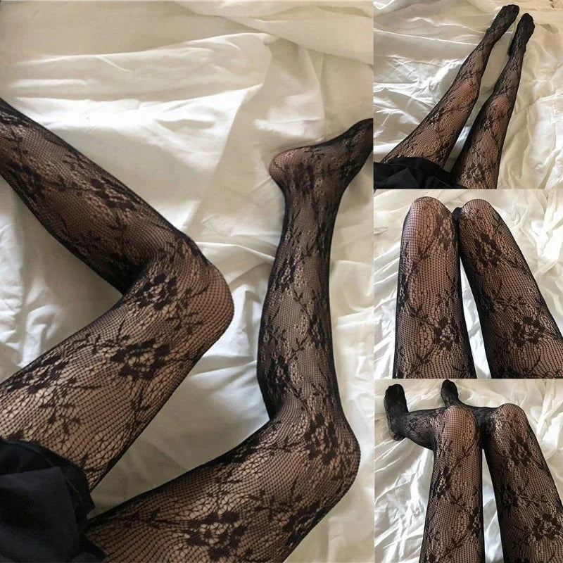 Bas résille longs sexy pour femmes, collants en maille transparente à motifs floraux, lingerie