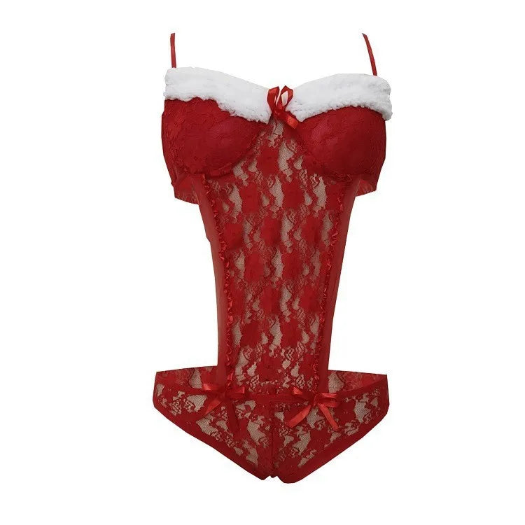 Sexy Dessous-Weihnachtskleid, heiße Dessous, erotische transparente Nachtwäsche, rote Spitze, Cosplay-Kostüme, Damen-Babydoll als Geschenk