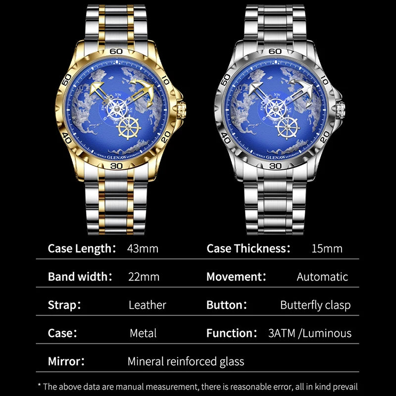 GLENAW Luxury Sport Watch - Stainless Steel Luminous Waterproof