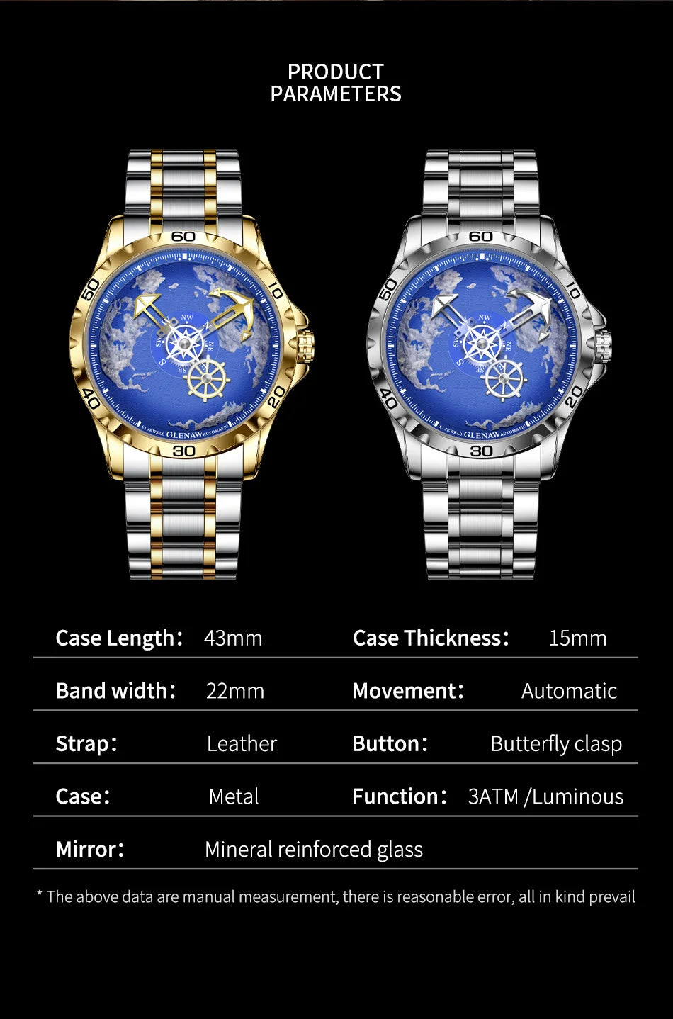 GLENAW Luxury Sport Watch - Stainless Steel Luminous Waterproof