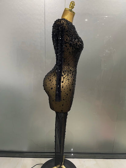 Sexy, glänzendes, langes Stretch-Mesh-Kleid mit Strasssteinen – transparent – ​​2025 – Neu – Damen-Abendkleid, Geburtstagskleid, Partykleid, Ballkleid, Clubkleid, Bühnenkleid für Sängerinnen