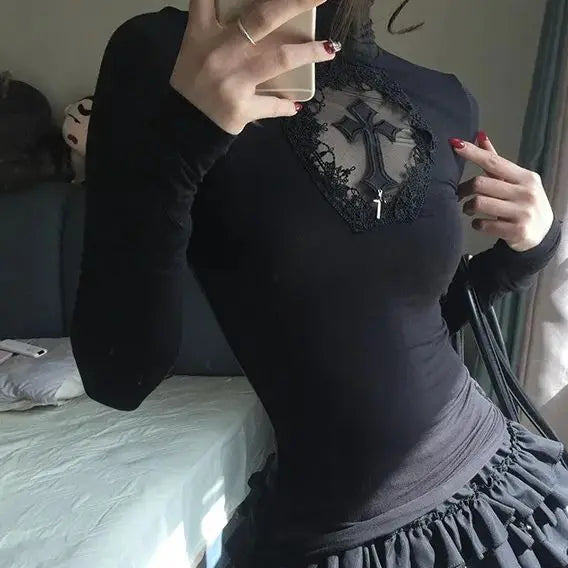 Rollkragenpullover Y2K Kleidung Schwarz Gothic Kreuz Hohl Slimming Bottom T-Shirt für Damen Langarm Sexy T-Shirt Mädchen Tops