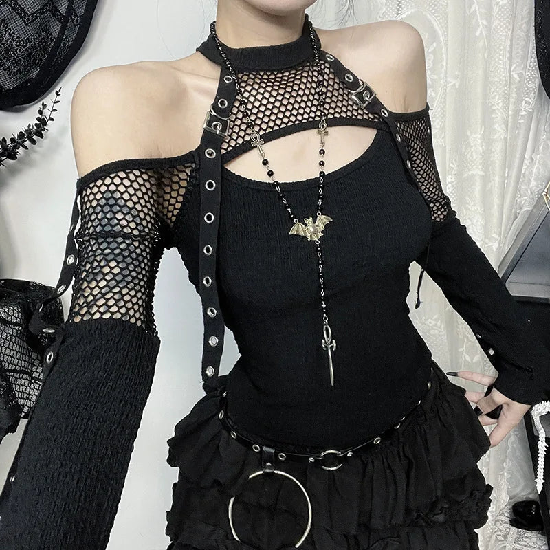 Dark Veil Gothic Fishnet Patchwork Off-Shoulder Halter Top
