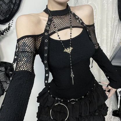 Dark Veil Gothic Fishnet Patchwork Off-Shoulder Halter Top