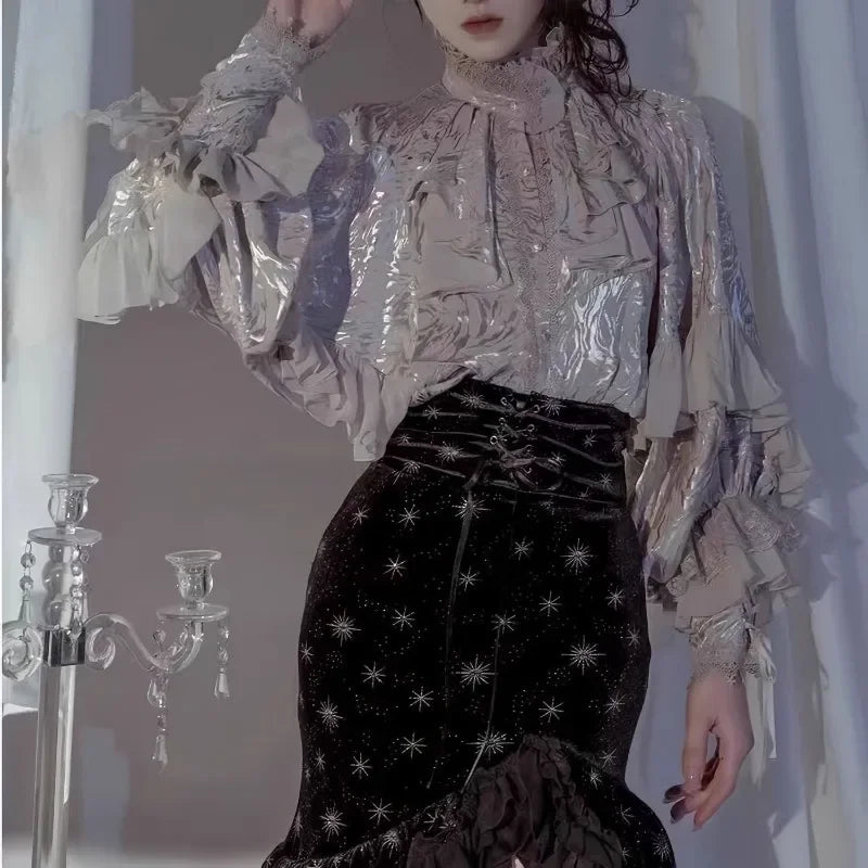 Lolita Y2k Gothic Dark Academia Clothes Loose Long Sleeve Shirt Women Y2k Stand Collar Ruffles Patchwork Blusas De Mujer