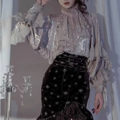 Lolita Y2k Gothic Dark Academia Clothes Loose Long Sleeve Shirt Women Y2k Stand Collar Ruffles Patchwork Blusas De Mujer