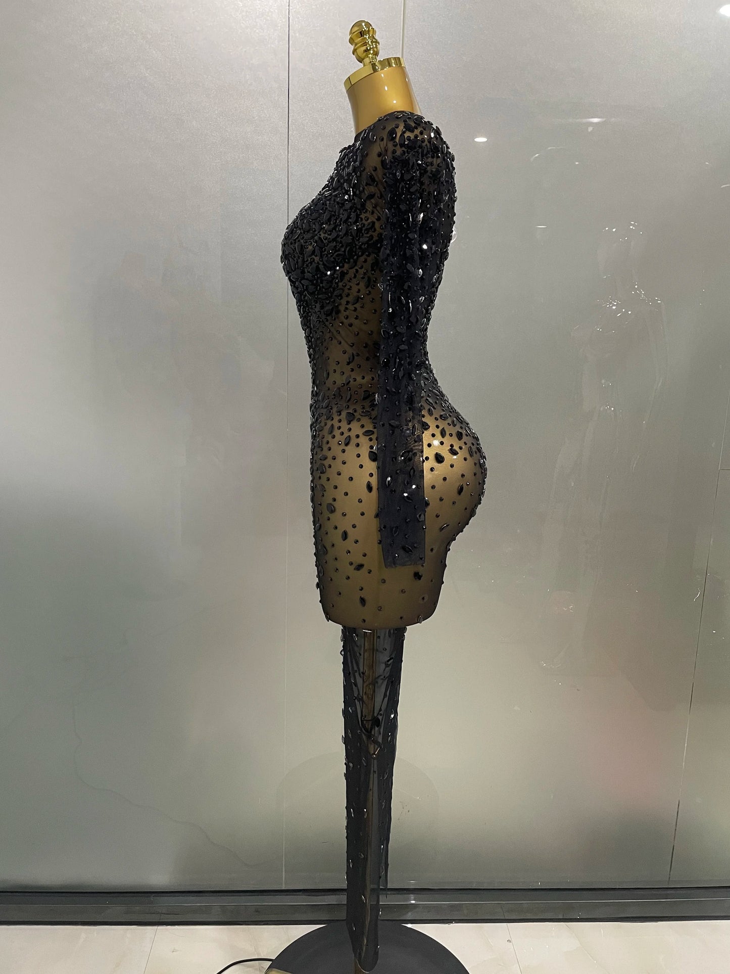 Sexy, glänzendes, langes Stretch-Mesh-Kleid mit Strasssteinen – transparent – ​​2025 – Neu – Damen-Abendkleid, Geburtstagskleid, Partykleid, Ballkleid, Clubkleid, Bühnenkleid für Sängerinnen