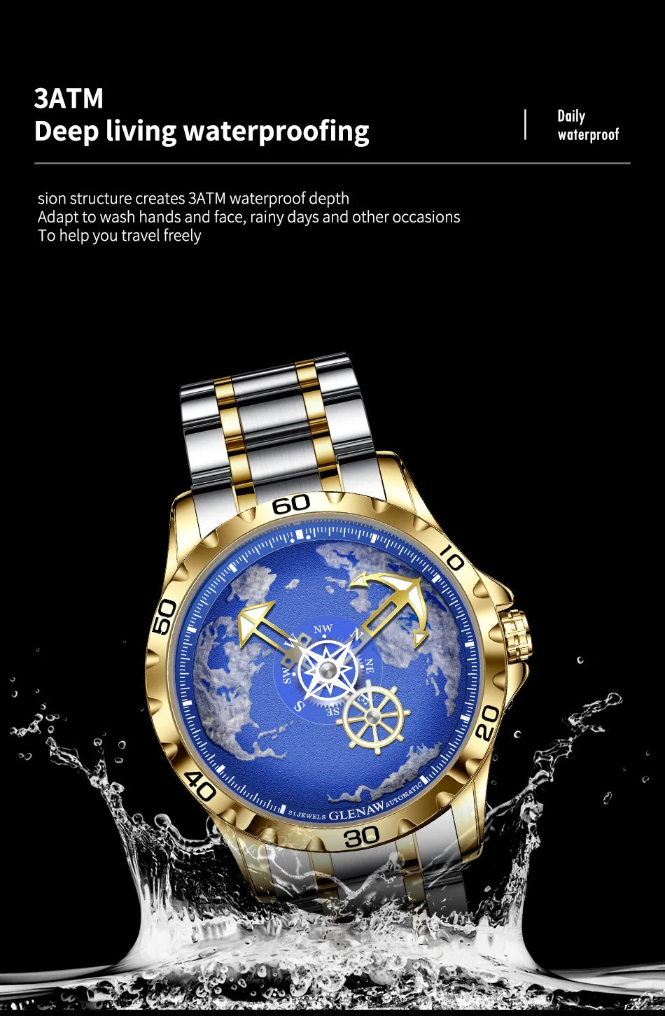 GLENAW Luxury Sport Watch - Stainless Steel Luminous Waterproof