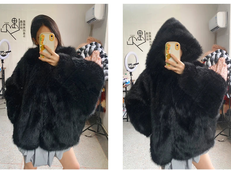 Manteau d'hiver oversize Nerazzurri blanc et noir, chaud, duveteux, en fausse fourrure à capuche, pour femme, collection automne-hiver 2023