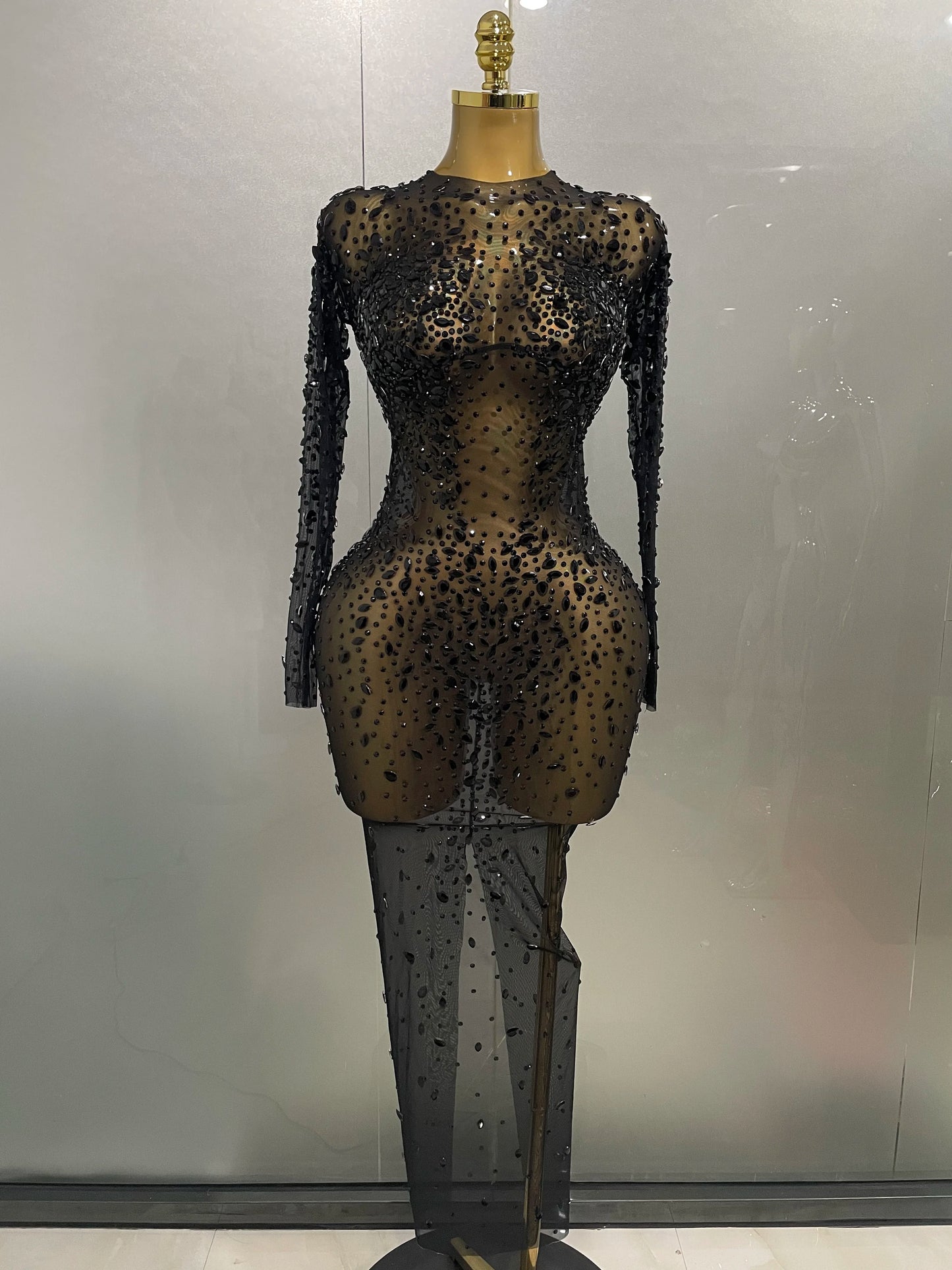 Sexy, glänzendes, langes Stretch-Mesh-Kleid mit Strasssteinen – transparent – ​​2025 – Neu – Damen-Abendkleid, Geburtstagskleid, Partykleid, Ballkleid, Clubkleid, Bühnenkleid für Sängerinnen