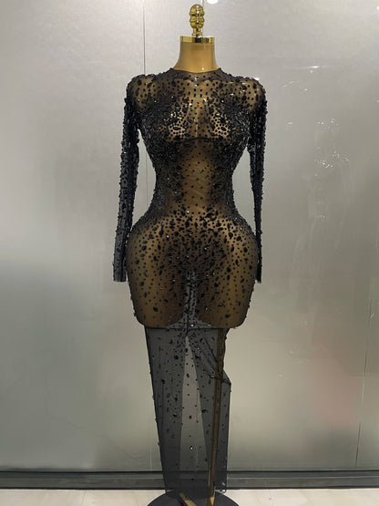 Sexy, glänzendes, langes Stretch-Mesh-Kleid mit Strasssteinen – transparent – ​​2025 – Neu – Damen-Abendkleid, Geburtstagskleid, Partykleid, Ballkleid, Clubkleid, Bühnenkleid für Sängerinnen