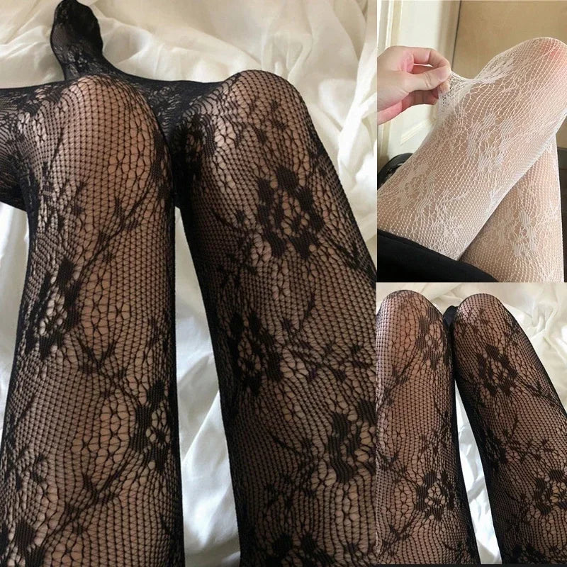 Bas résille longs sexy pour femmes, collants en maille transparente à motifs floraux, lingerie