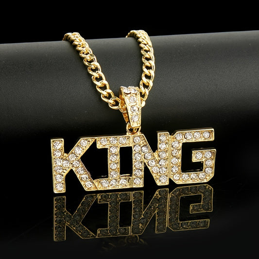 76cm Cuban Chain Iced Out King Pendant Necklace - White Gold Plated