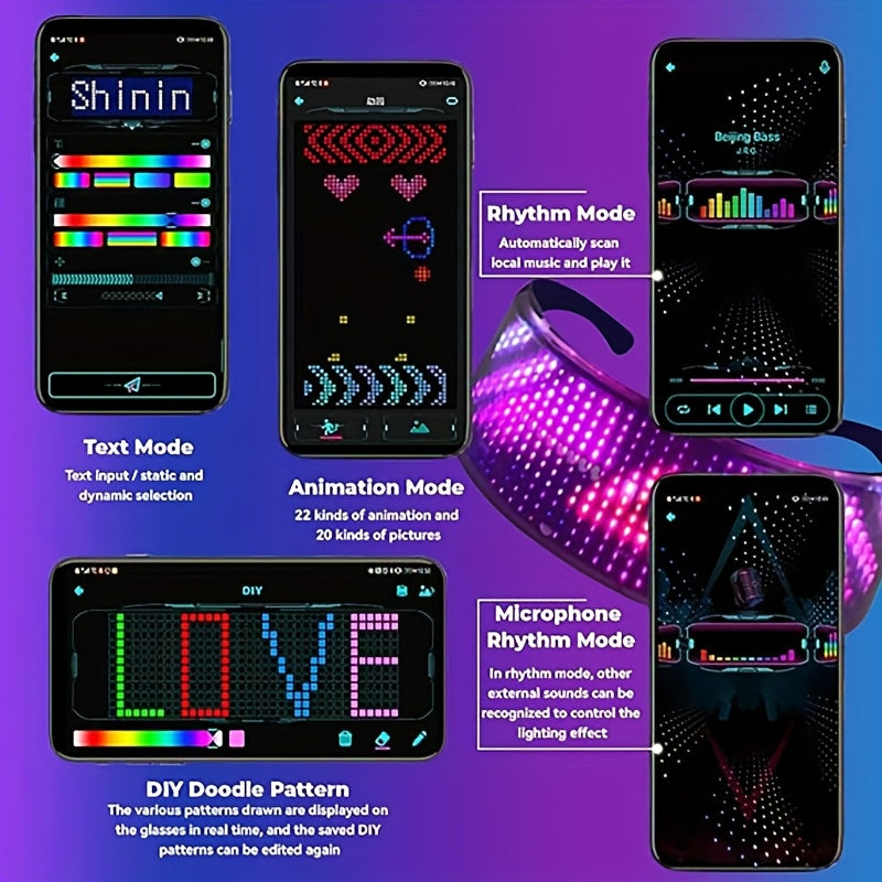 Full-Color LED Glasses - App Control Programmable for Raves & Parties