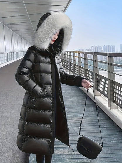 Women's Elegant Longline Coat - Faux Fur Hood