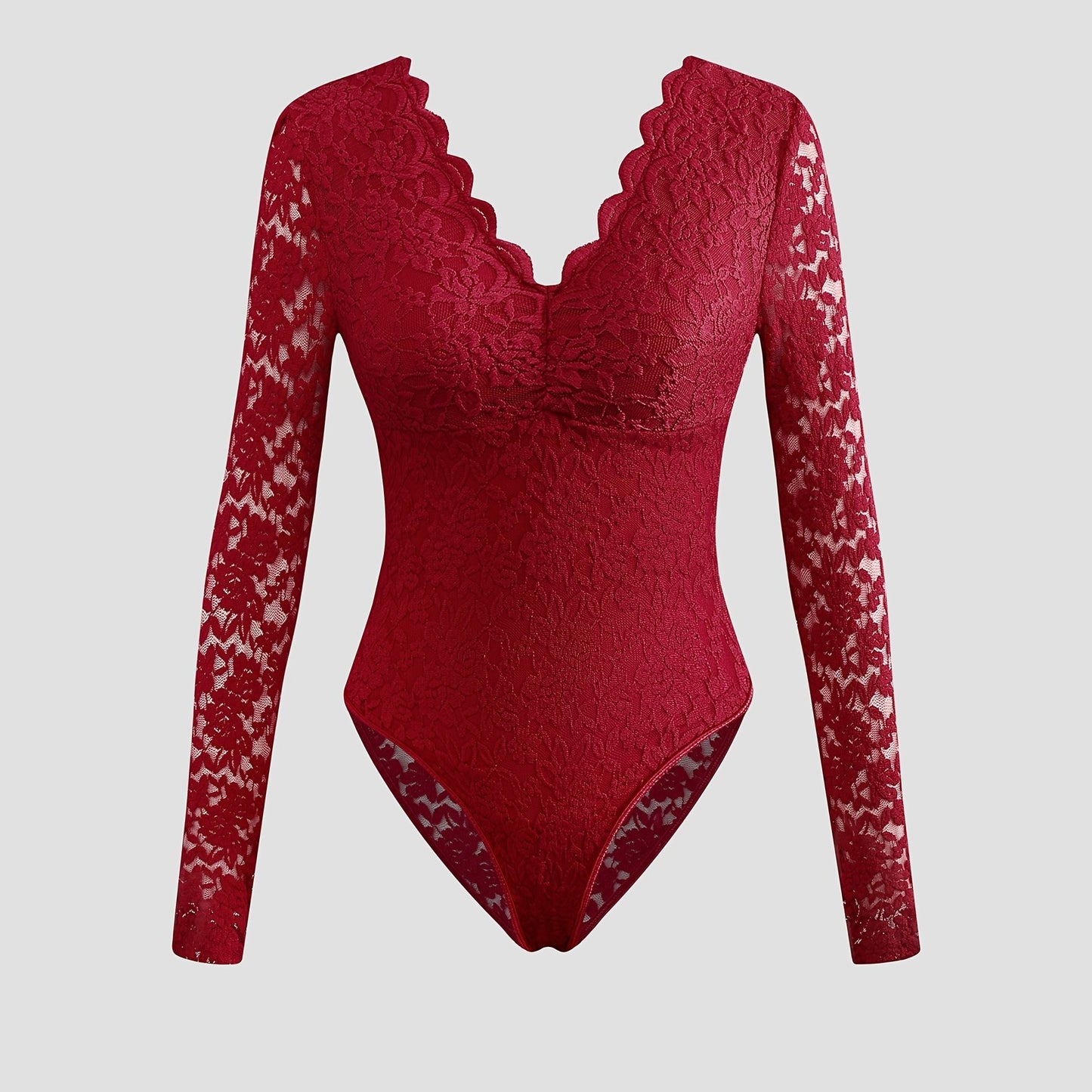 Elegant Burgundy Lace Bodysuit - Long Sleeve Sheer Panel Zipper