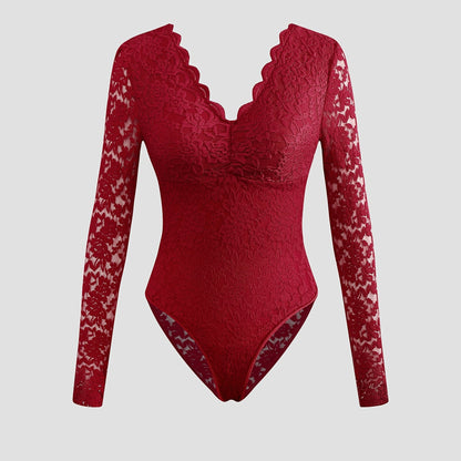 Elegant Burgundy Lace Bodysuit - Long Sleeve Sheer Panel Zipper