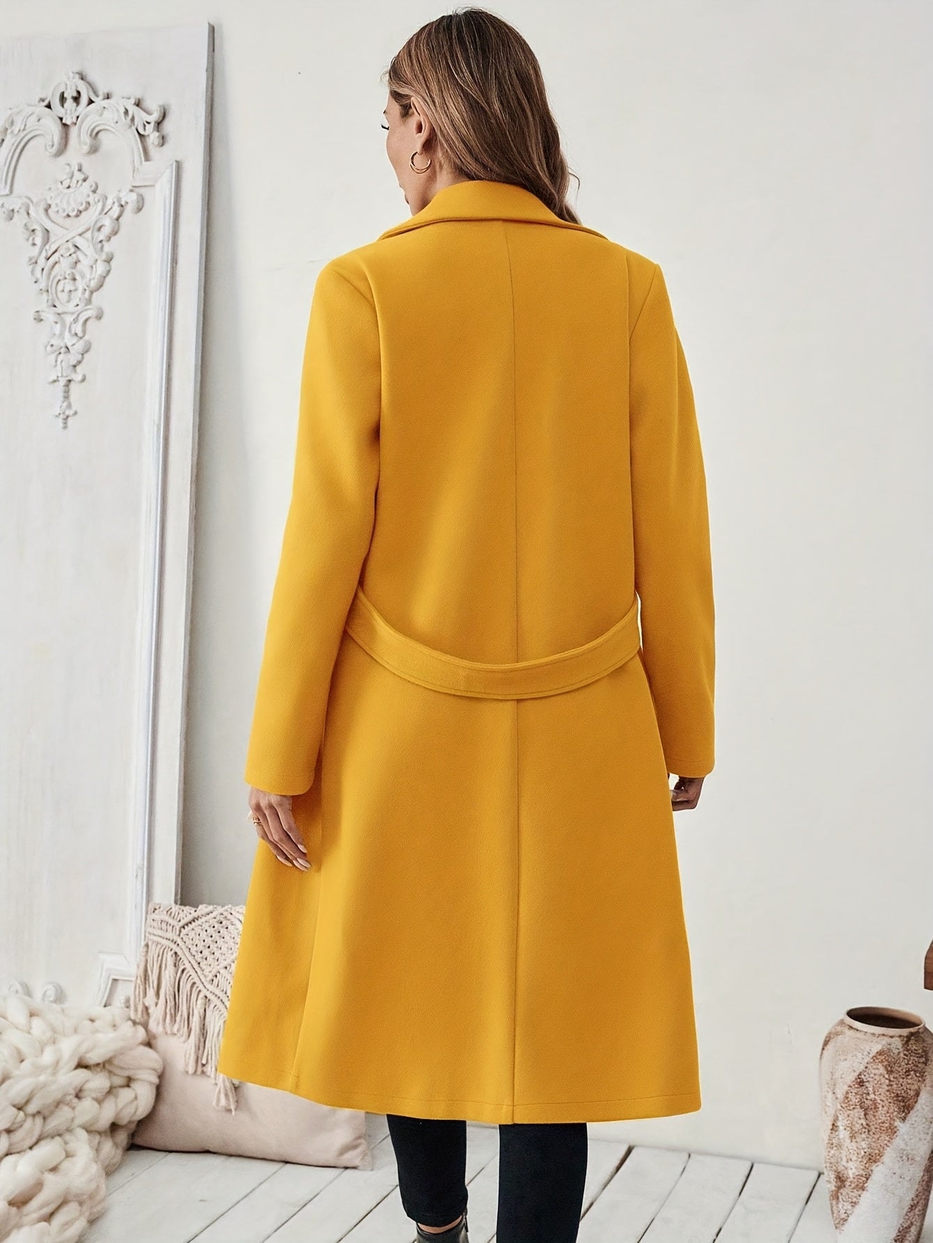 Women's Suit Collar Two-Tone Belted Long Coat - Elegant H-Line