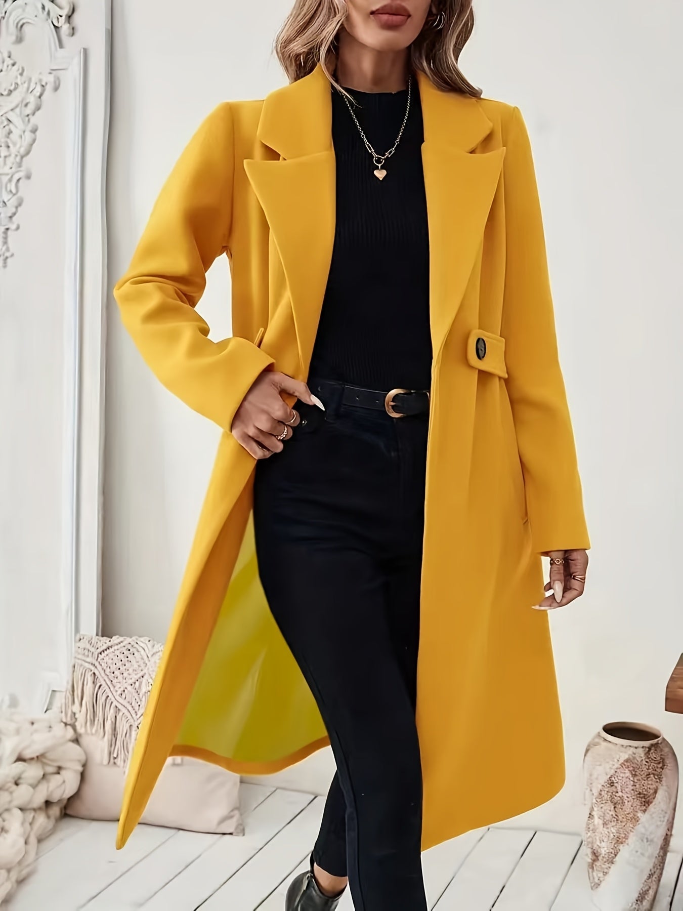 Women's Suit Collar Two-Tone Belted Long Coat - Elegant H-Line