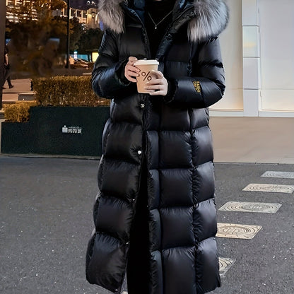 Women's Elegant Longline Coat - Faux Fur Hood