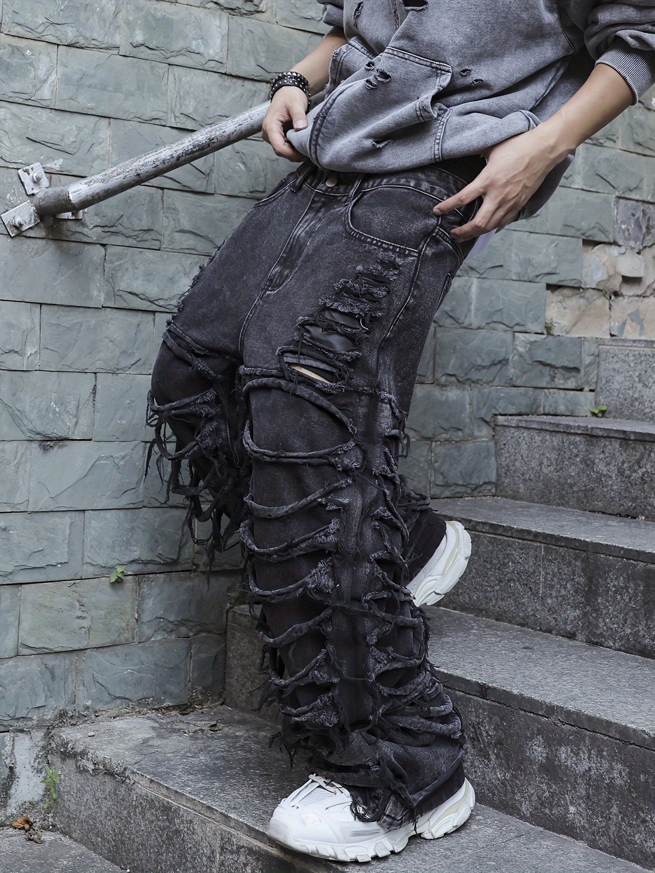 Men'S Streetwear Denim Wide-Leg Pants - Distressed, Loose Fit, Black, Casual Style, All-Season Wear, Non-Stretch Fabric, Perfect for Weekend Outings, Streetwear Fashion | Distressed Denim | Nonstretch Fabric