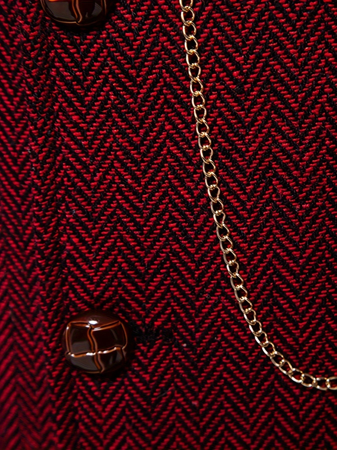 Men's Herringbone Tweed Vest - Single-Breasted Chain Detail Brown