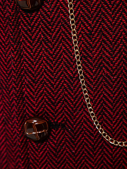 Men's Herringbone Tweed Vest - Single-Breasted Chain Detail Brown