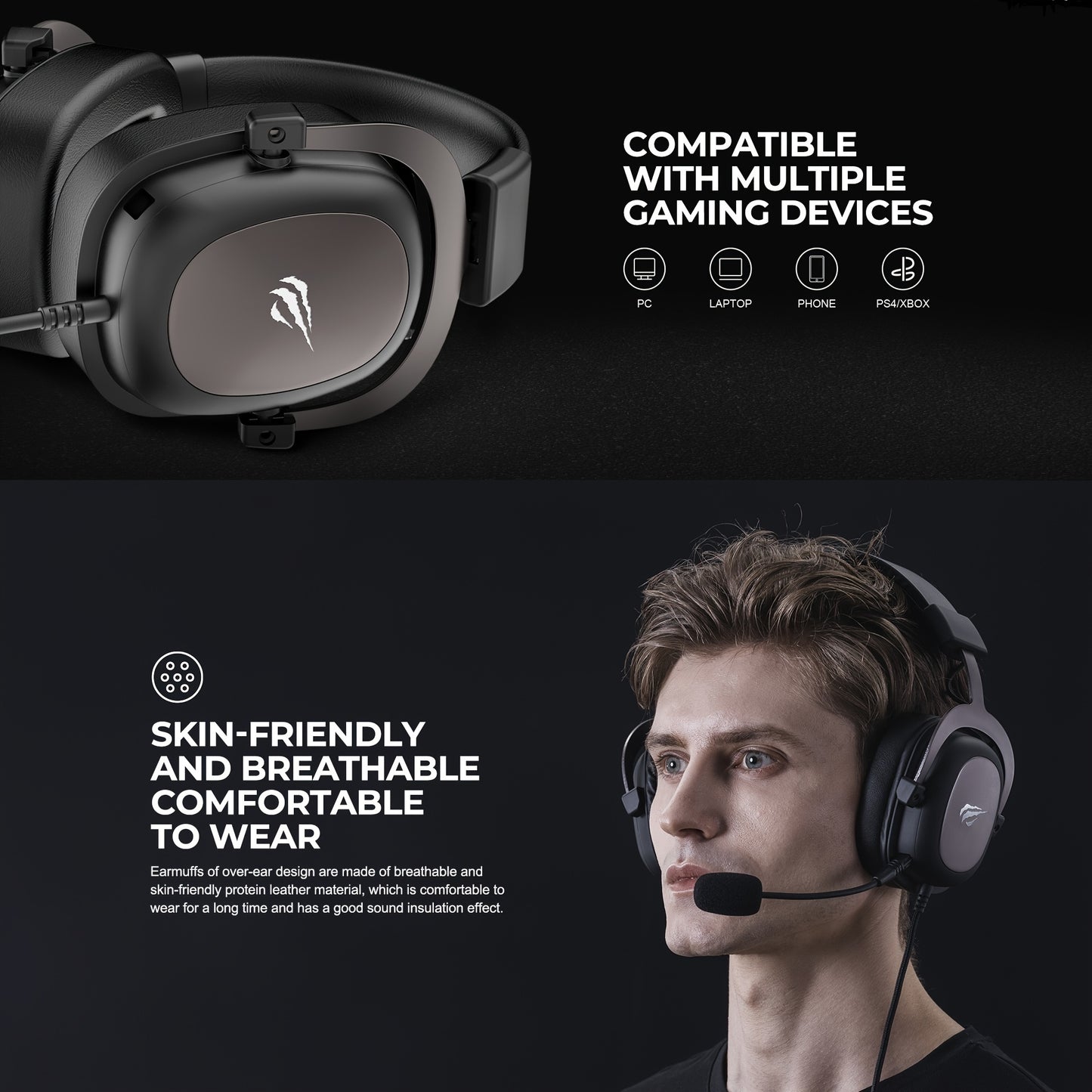 HAVIT Headset - Protein Leather Earmuffs with Detachable Mic