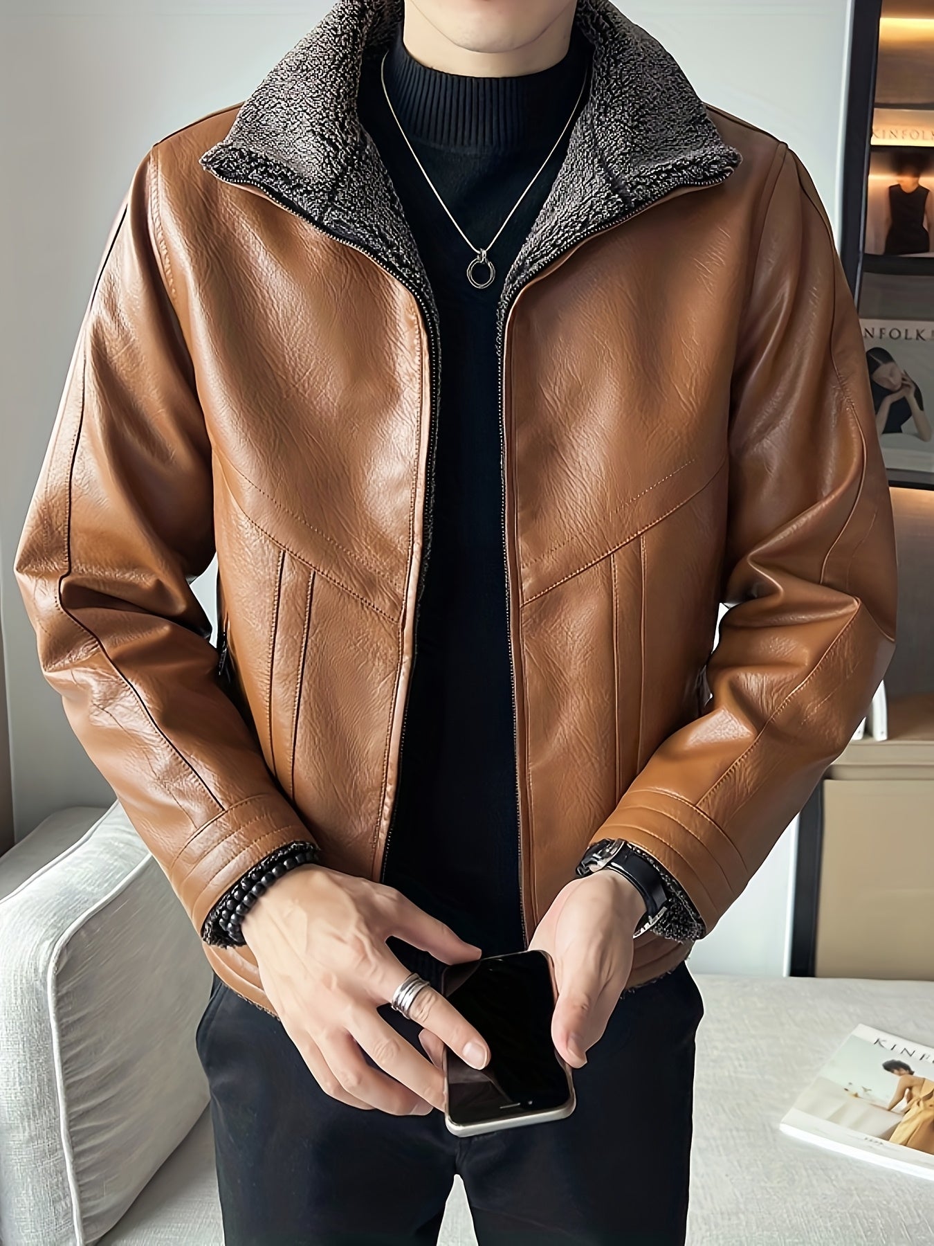 Men's Winter Thickened Bomber Jacket - Windproof Lapel PU