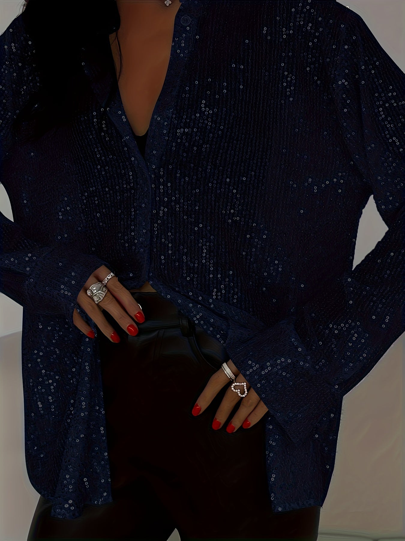 Plus Size Elegant Sequined Long-Sleeve Shirt - Lapel Collar