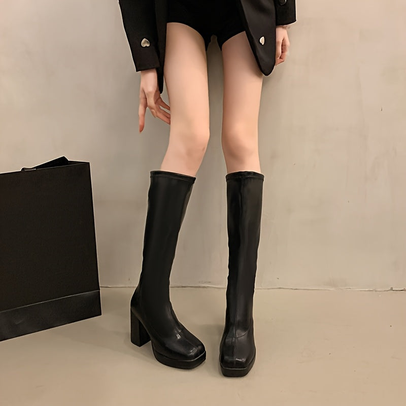 Women's Fashionable Knee-High Boots - Square Toe Block Heel