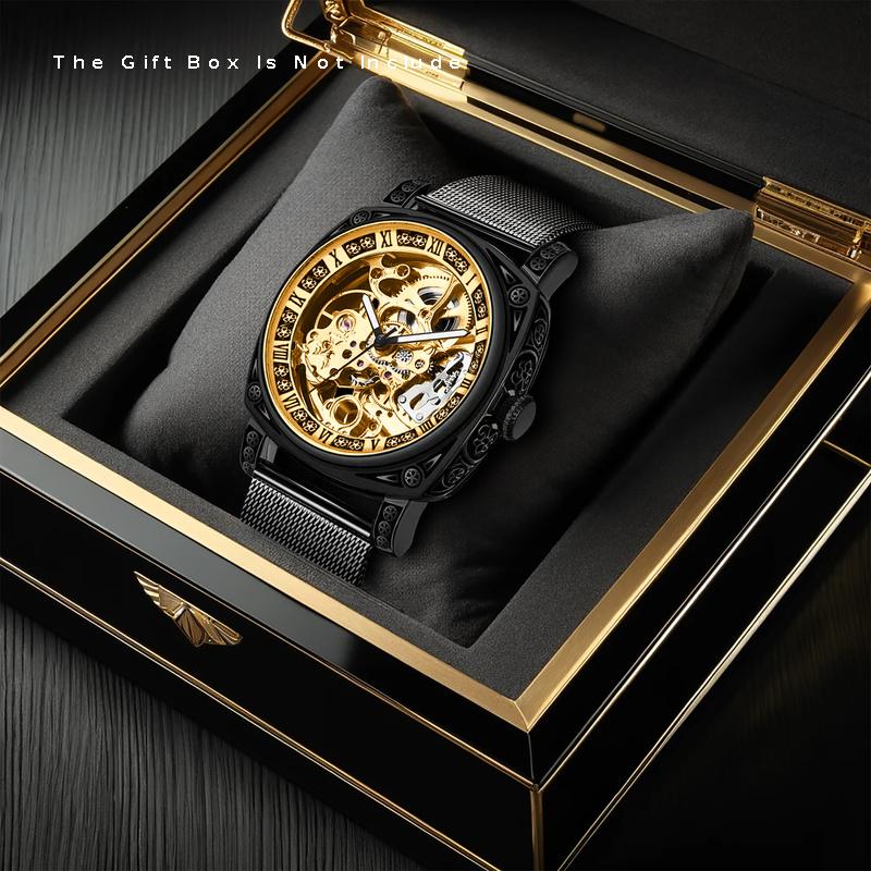 Auréline Automatic Hollow Mechanical Watch - Yellow Black Mesh