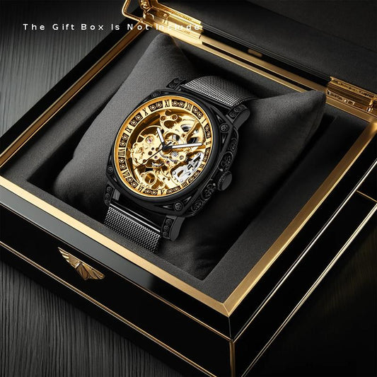 Auréline Automatic Hollow Mechanical Watch - Yellow Black Mesh