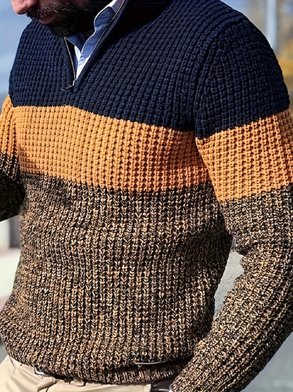 Men's Half-Zip Striped Sweater - Stand Collar Color Block