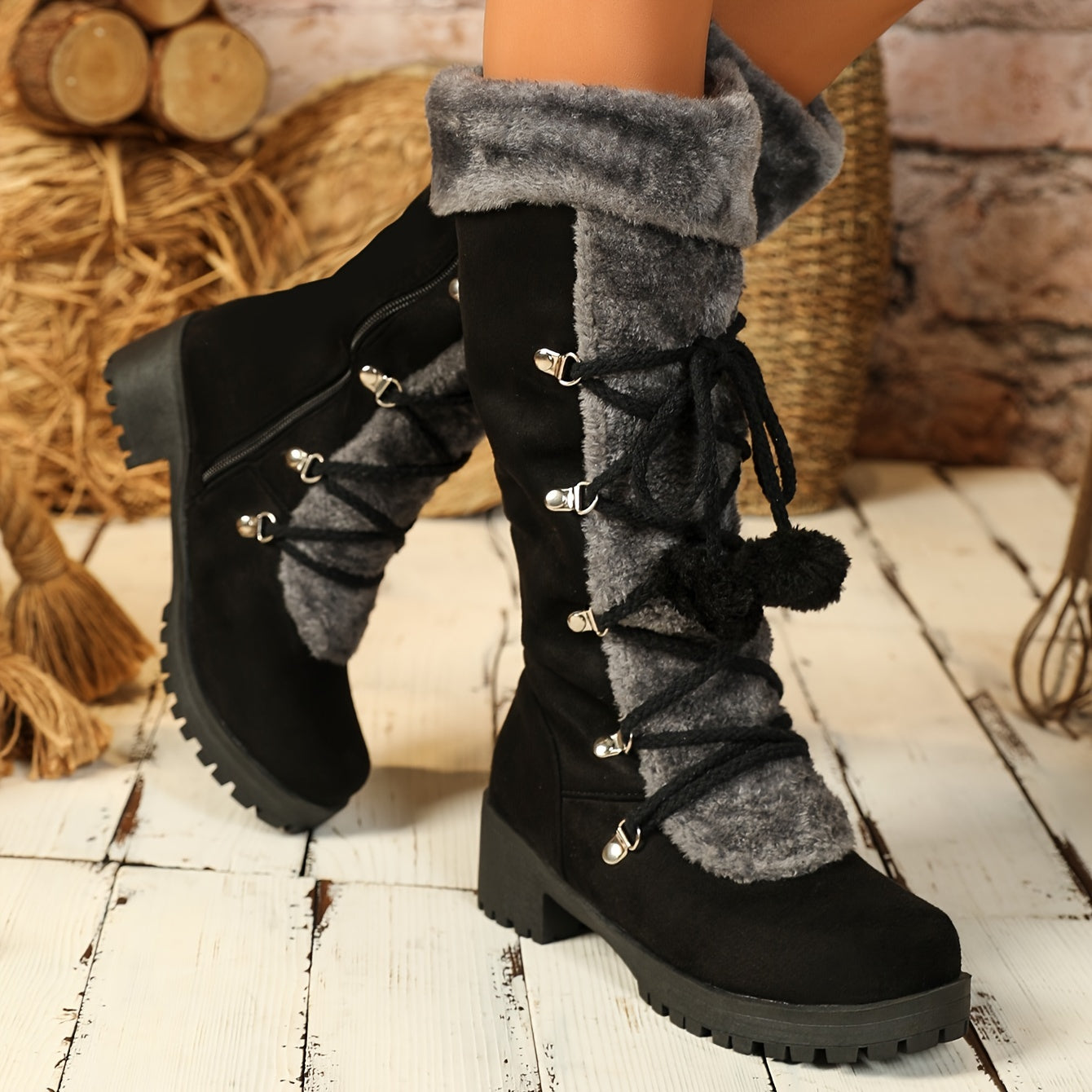 Women's Elegant Winter Faux Fur-Lined Boots - Pom-Pom