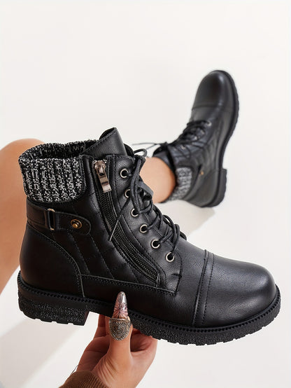 Women's Boots - Chunky Heel Lace-Up Side Zipper