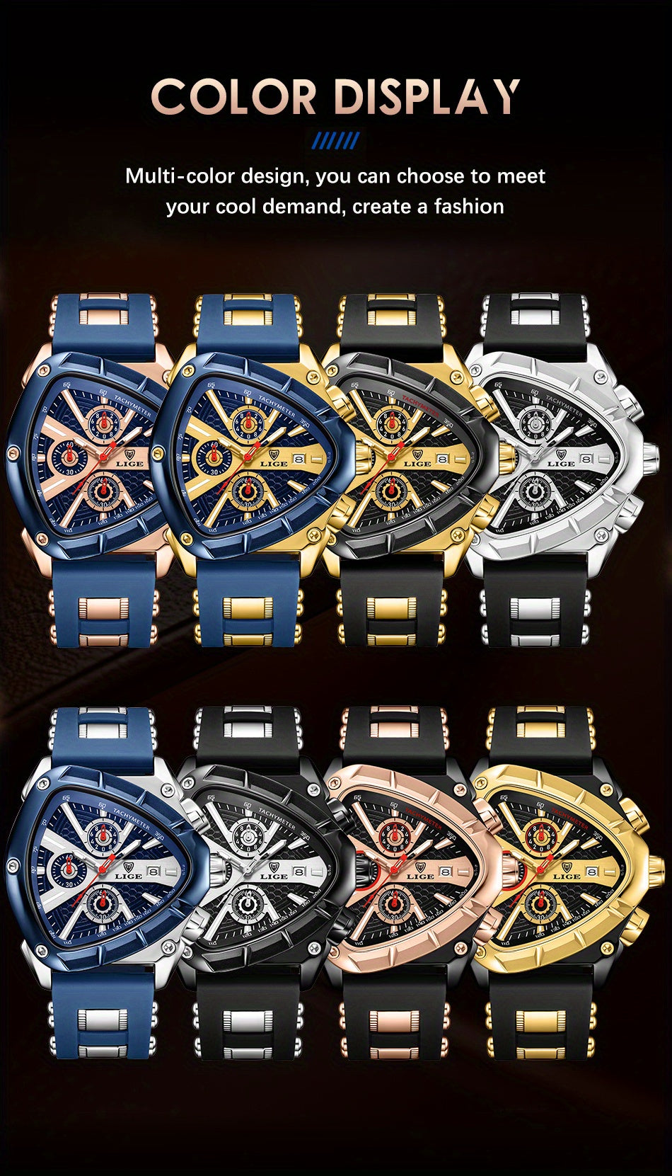 LIGE Men's Quartz Watch - Minimalist Triangle Dial World Time