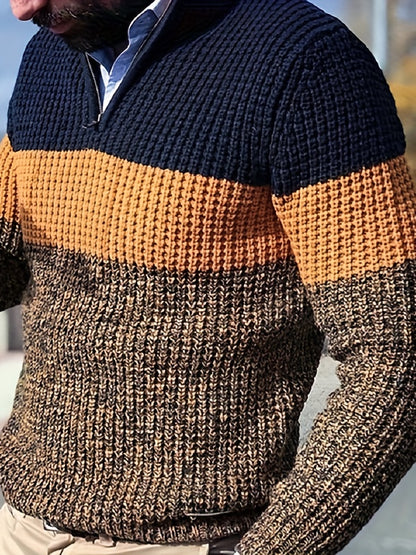 Men's Half-Zip Striped Sweater - Stand Collar Color Block