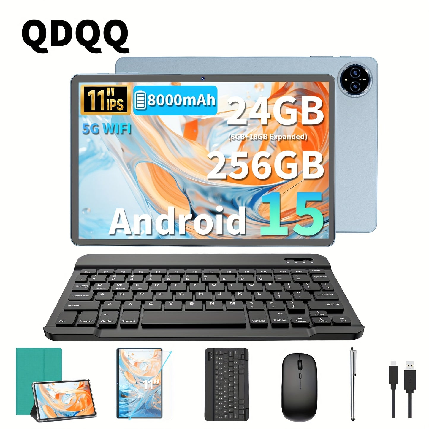 QDDQ Android 15 Tablet 11" - 24GB RAM 256GB 8000mAh Dual Camera