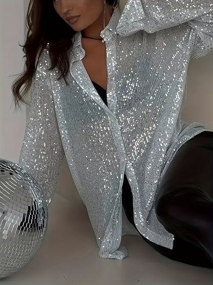 Plus Size Elegant Sequined Long-Sleeve Shirt - Lapel Collar