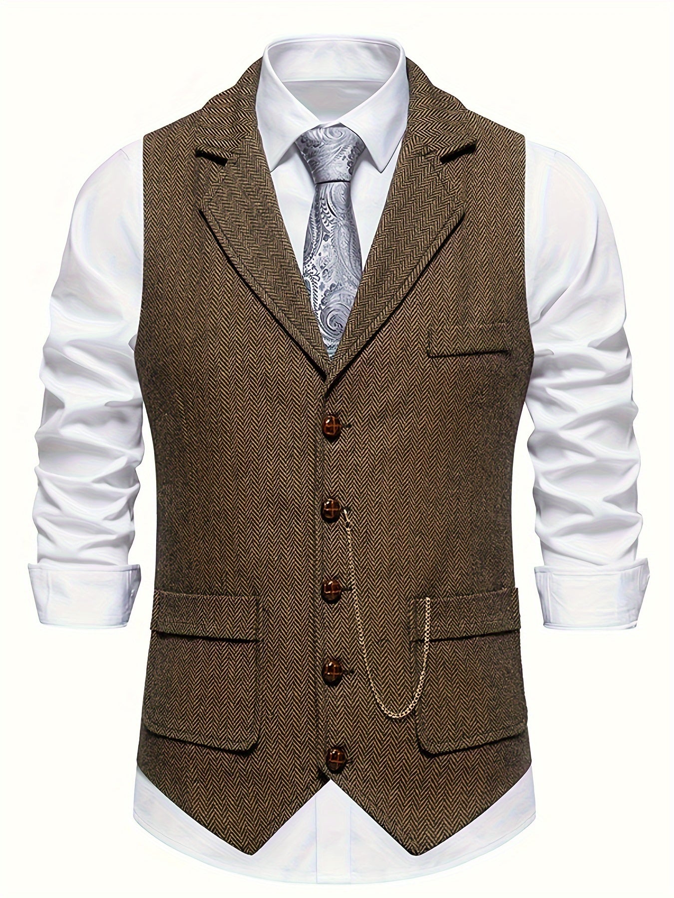 Men's Herringbone Tweed Vest - Single-Breasted Chain Detail Brown