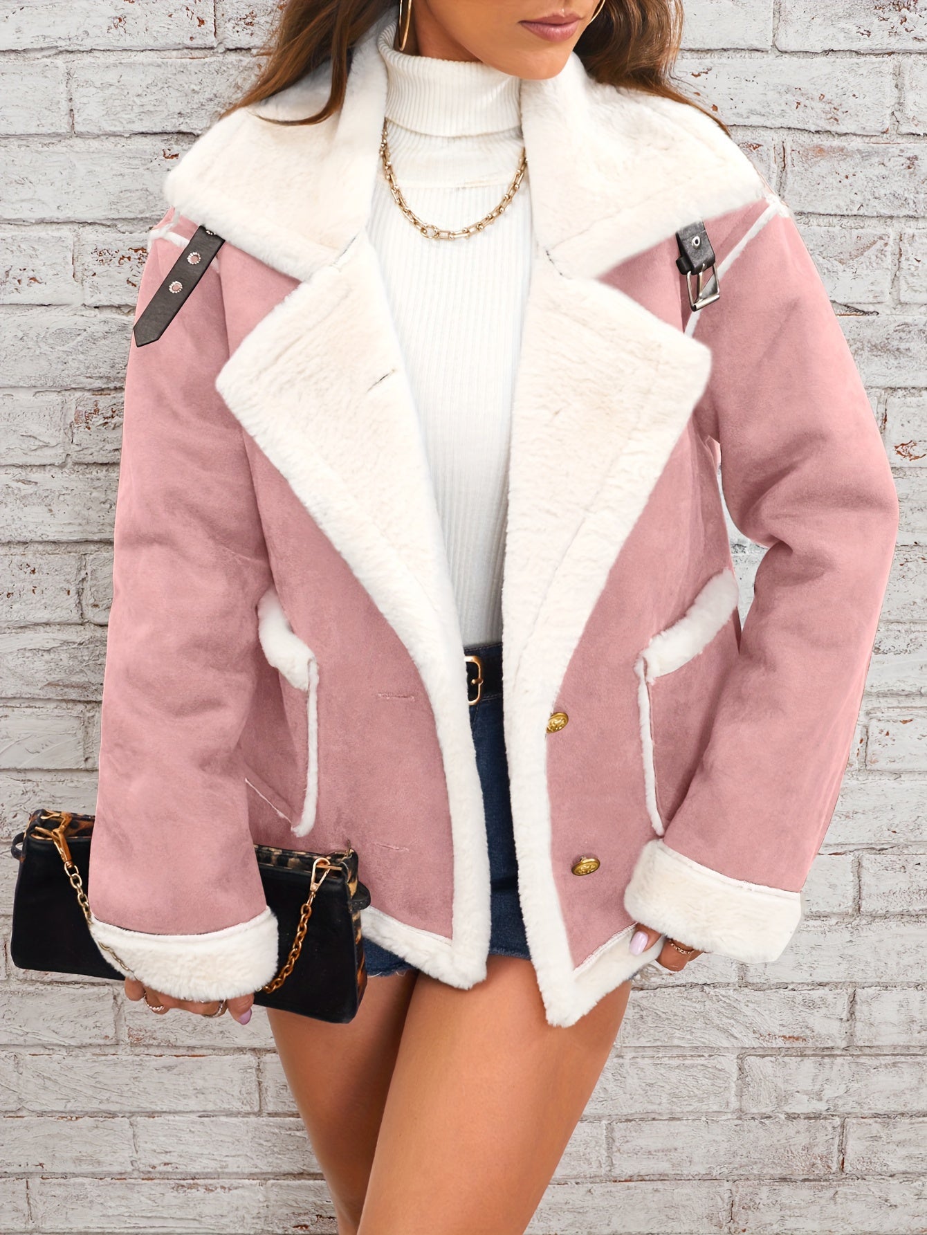 Women's Winter Jacket - Pink & White Collar with Pockets
