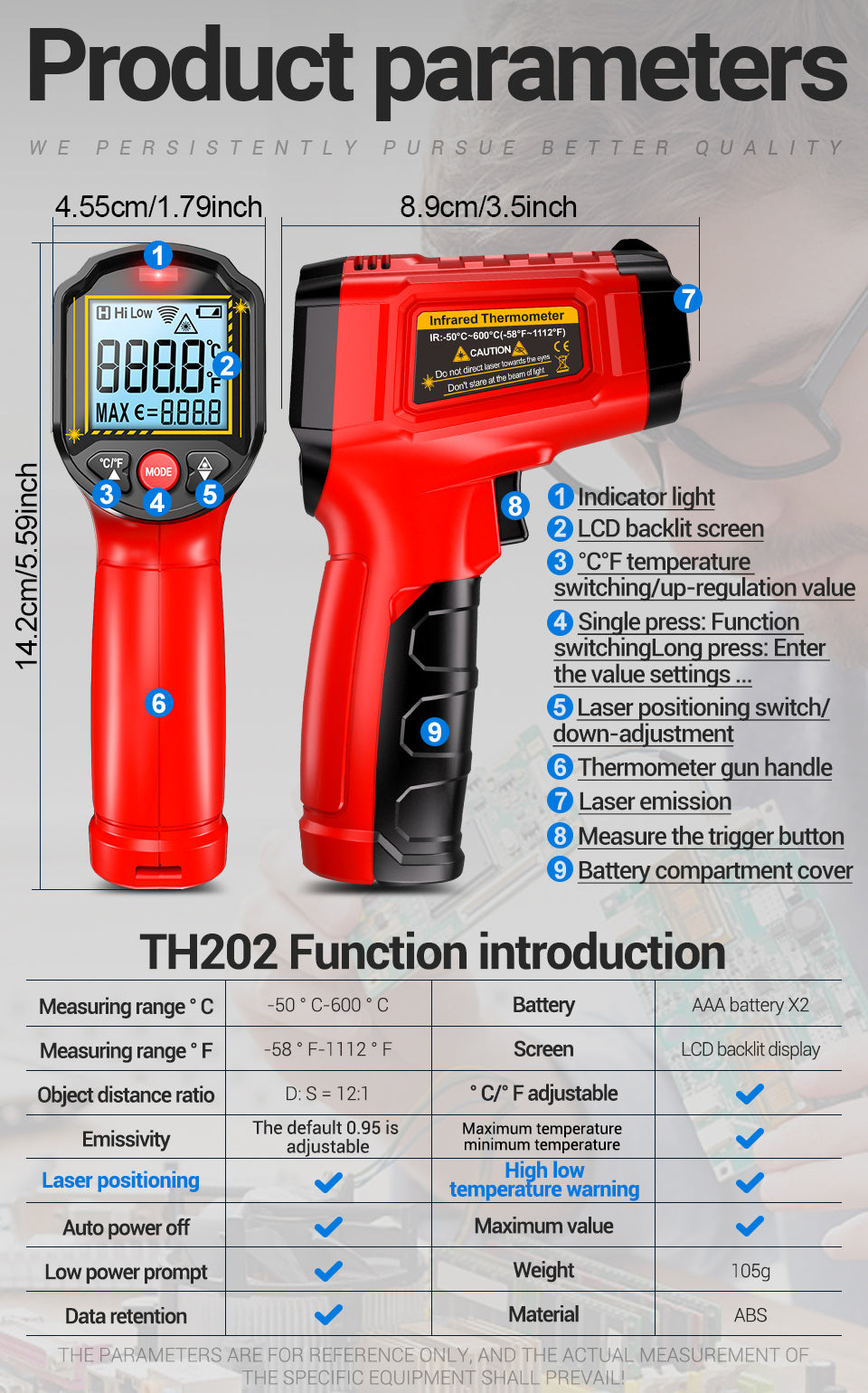 ANENG TH202 Thermometer Hygrometer - Non-Contact -50-600°C LCD